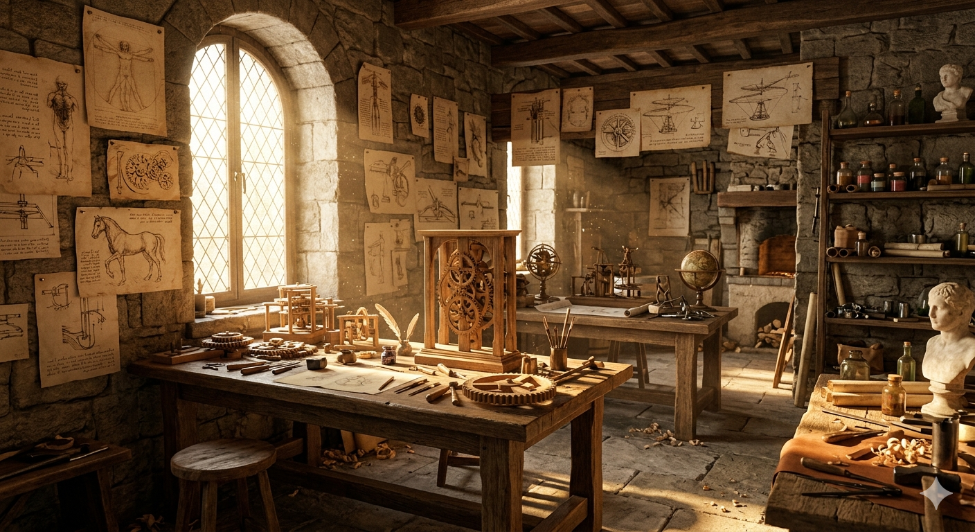 A sunlit stone room filled with wooden gears, parchment sketches, and half-finished marble busts.