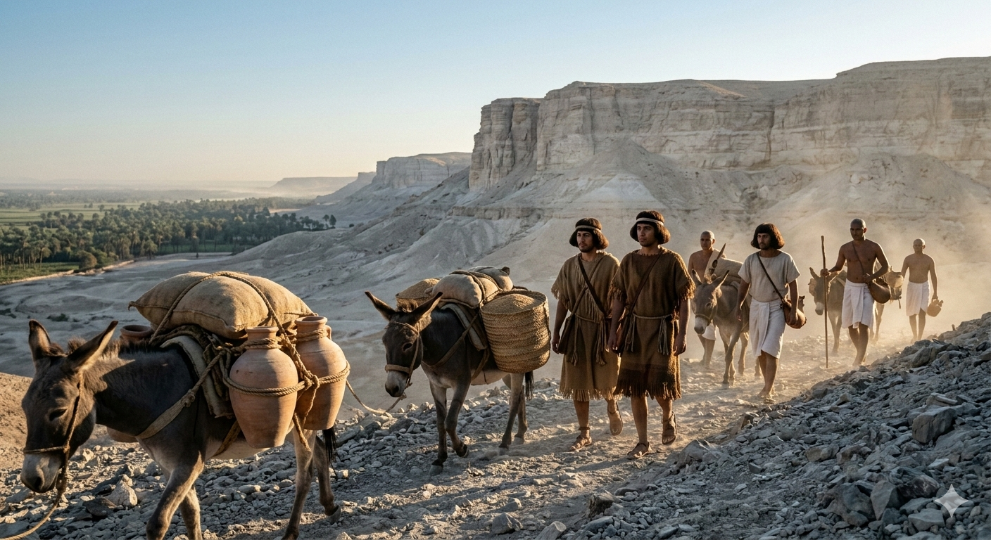 A cinematic, wide-angle historical reconstruction of a Middle Kingdom caravan (c. 1800 BCE)at the start of the Farshut Road, leaving the Nile River valley.